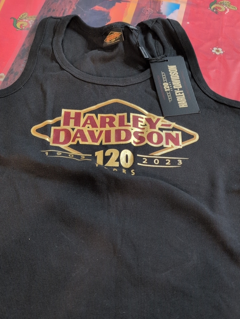 Harley-Davidson Black Tank with Gold and Burgundy Anniversary Logo